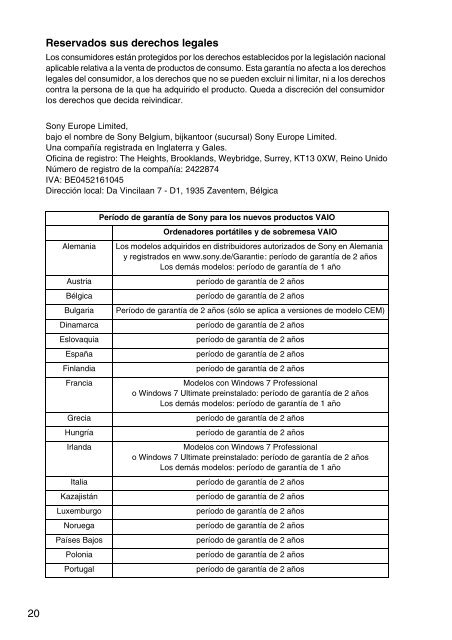 Sony VPCCA3X1R - VPCCA3X1R Documents de garantie Espagnol