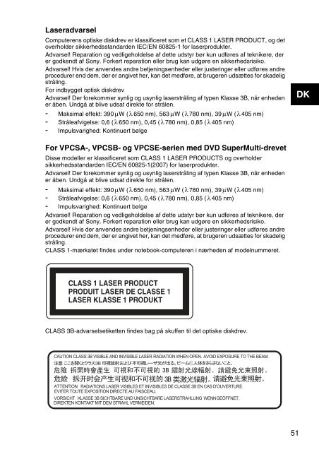 Sony VPCCA3X1R - VPCCA3X1R Documents de garantie Danois