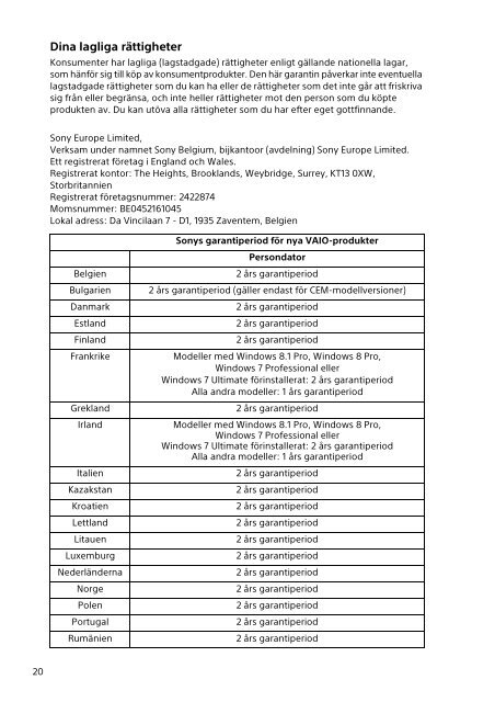 Sony SVP1322B4E - SVP1322B4E Documenti garanzia Finlandese