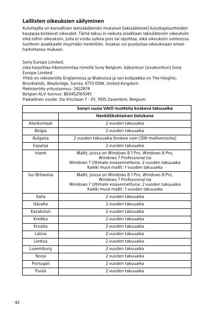 Sony SVP1322B4E - SVP1322B4E Documenti garanzia Finlandese