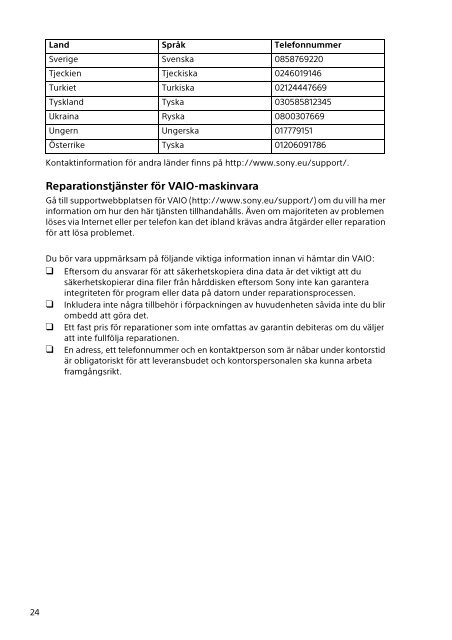 Sony SVP1322B4E - SVP1322B4E Documenti garanzia Svedese