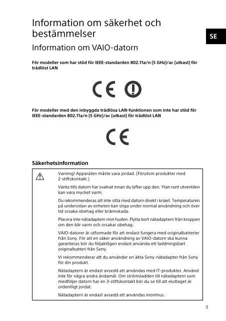 Sony SVP1322B4E - SVP1322B4E Documenti garanzia Svedese