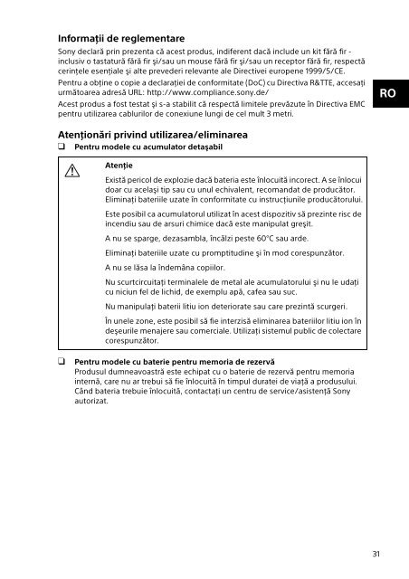 Sony SVP1322B4E - SVP1322B4E Documenti garanzia Rumeno