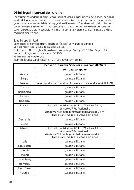 Sony SVP1322B4E - SVP1322B4E Documenti garanzia