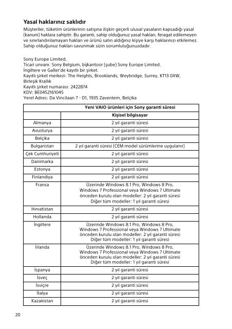 Sony SVP1322B4E - SVP1322B4E Documenti garanzia Turco