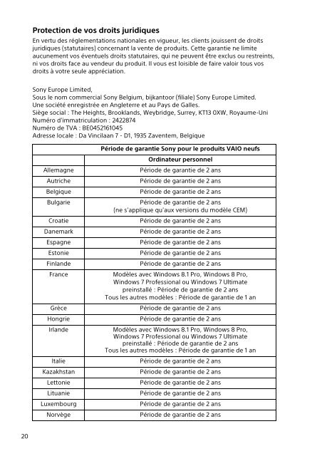 Sony SVP1322B4E - SVP1322B4E Documenti garanzia Francese