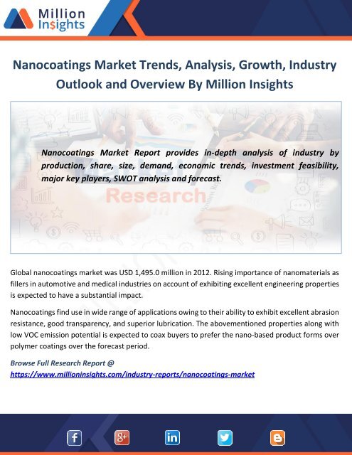 Nanocoatings Market Trends, Analysis, Growth, Industry Outlook and Overview By Million Insights