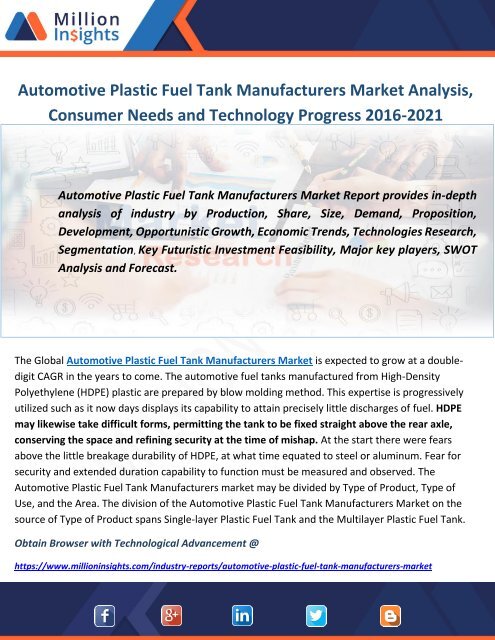 Automotive Plastic Fuel Tank Manufacturers Market Analysis, Consumer Needs and Technology Progress 2016-2021
