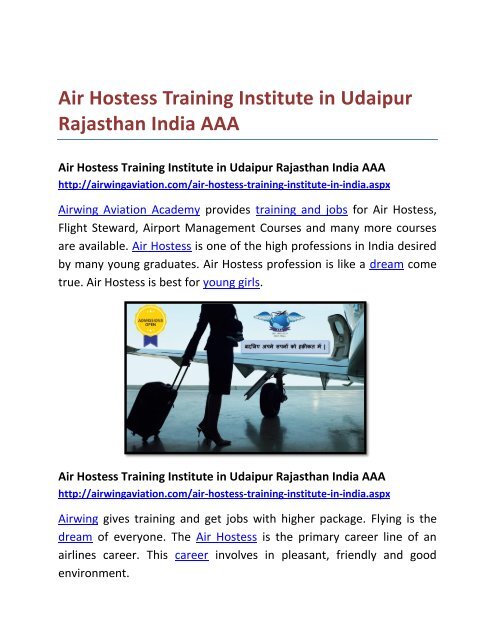 Air Hostess Training Institute in Udaipur Rajasthan India AAA