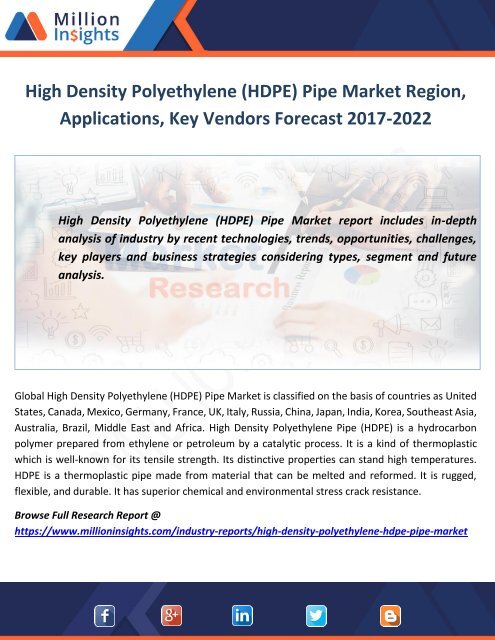 High Density Polyethylene (HDPE) Pipe Market Region, Applications, Key Vendors Forecast 2017-2022
