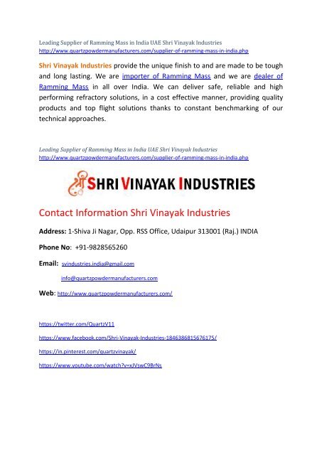 Leading Supplier of Ramming Mass in India UAE Shri Vinayak Industries