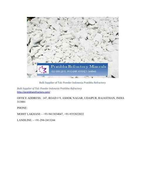 Bulk Supplier of Talc Powder Indonesia Pratibha Refractory