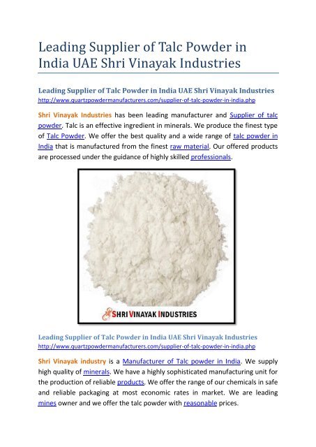 Leading Supplier of Talc Powder in India UAE Shri Vinayak Industries