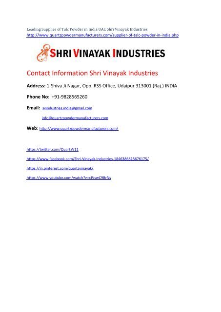 Leading Supplier of Talc Powder in India UAE Shri Vinayak Industries