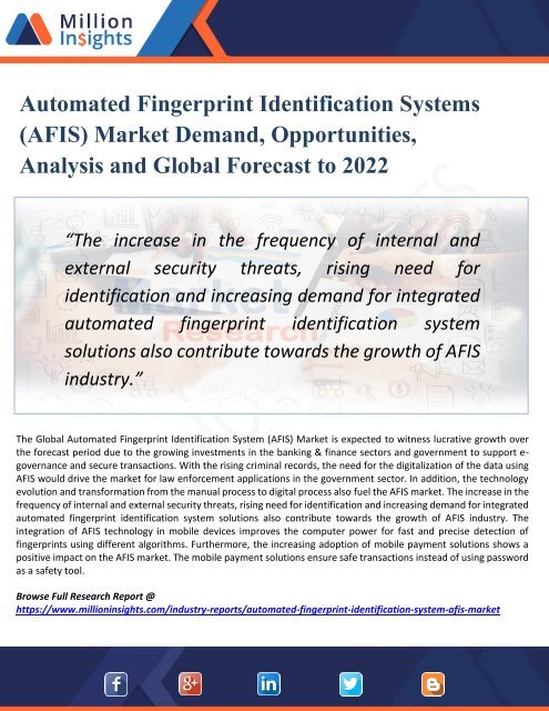  Automated Fingerprint Identification Systems (AFIS) Industry Demand, Growth, Opportunities, Analysis and Forecast to 2022