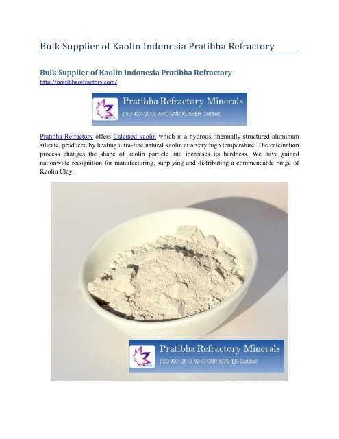 Bulk Supplier of Kaolin Indonesia Pratibha Refractory