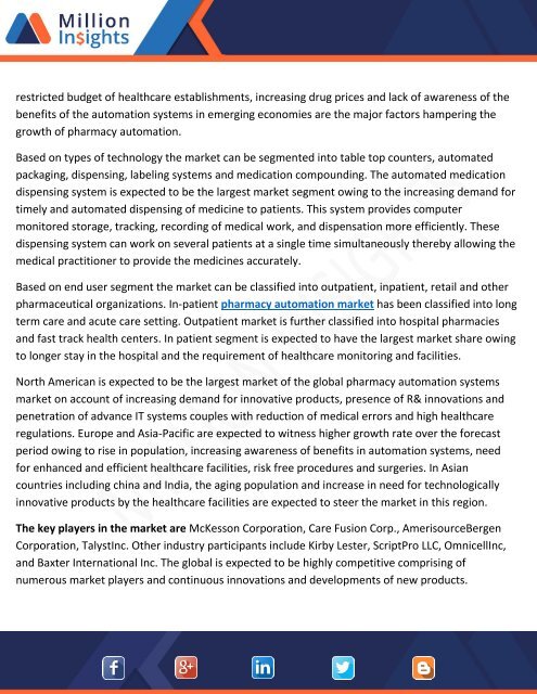 Pharmacy Automation Systems Market Share, Analysis, Trends & Forecasts to 2022