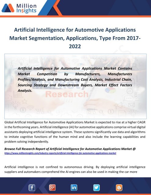 Artificial Intelligence for Automotive Applications Market Segmentation, Applications, Type From 2017-2022