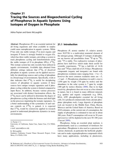 Chapter 21. Adina Paytan. Tracing the Sources and Biogeochemical Cycling of Phosphorus in Aquatic Systems Using Isotopes of Oxygen in Phosphate