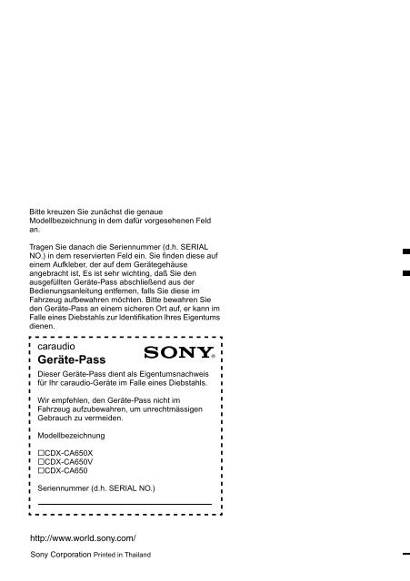 Sony CDX-CA650 - CDX-CA650 Consignes d&rsquo;utilisation Anglais