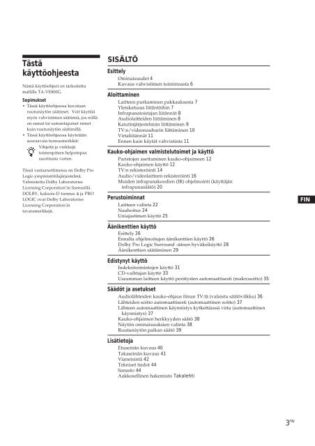 Sony TA-VE800G - TA-VE800G Consignes d&rsquo;utilisation Finlandais