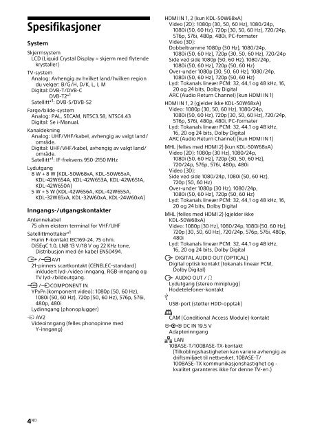 Sony KDL-42W656A - KDL-42W656A Guide de r&eacute;f&eacute;rence Norv&eacute;gien