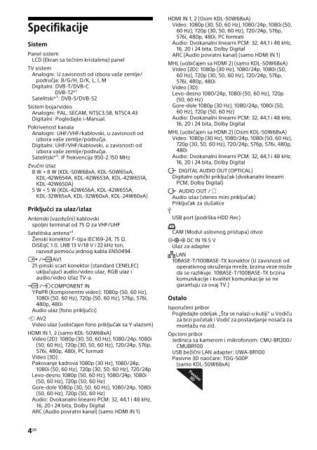 Sony KDL-42W656A - KDL-42W656A Guide de r&eacute;f&eacute;rence Serbe