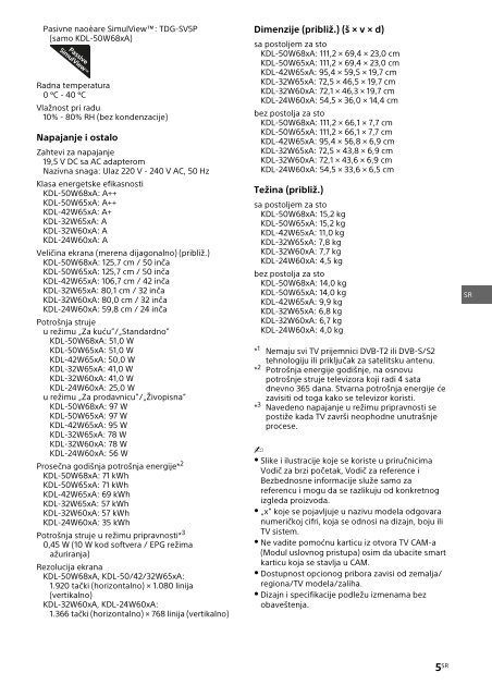 Sony KDL-42W656A - KDL-42W656A Guide de r&eacute;f&eacute;rence Serbe