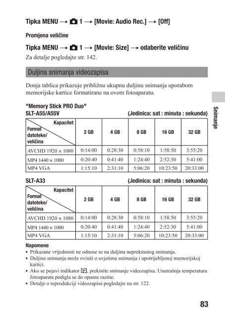 Sony SLT-A33 - SLT-A33 Mode d'emploi Croate