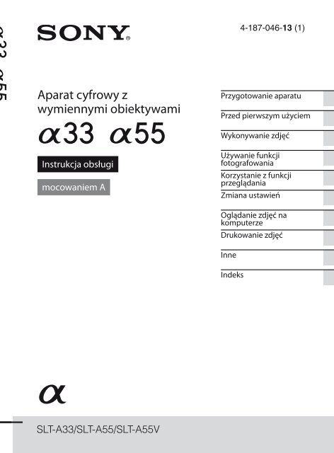 Sony SLT-A33 - SLT-A33 Consignes d&rsquo;utilisation Polonais