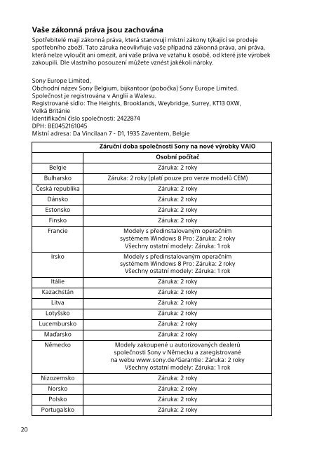 Sony SVE1712T1E - SVE1712T1E Documents de garantie Tch&egrave;que