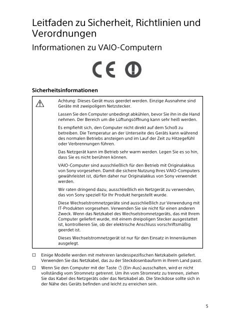 Sony SVE1712T1E - SVE1712T1E Documents de garantie Allemand