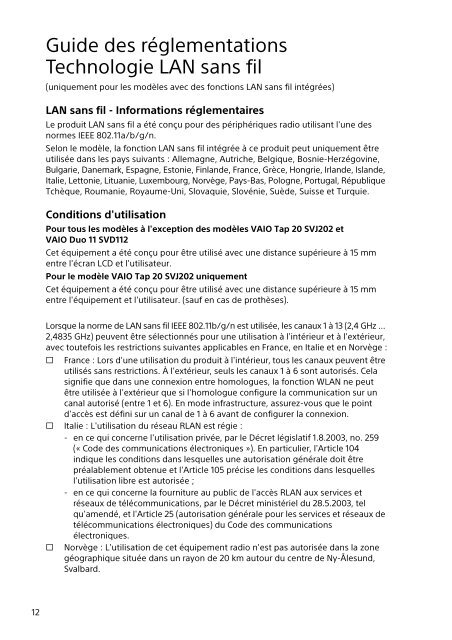 Sony SVE1712T1E - SVE1712T1E Documents de garantie Fran&ccedil;ais