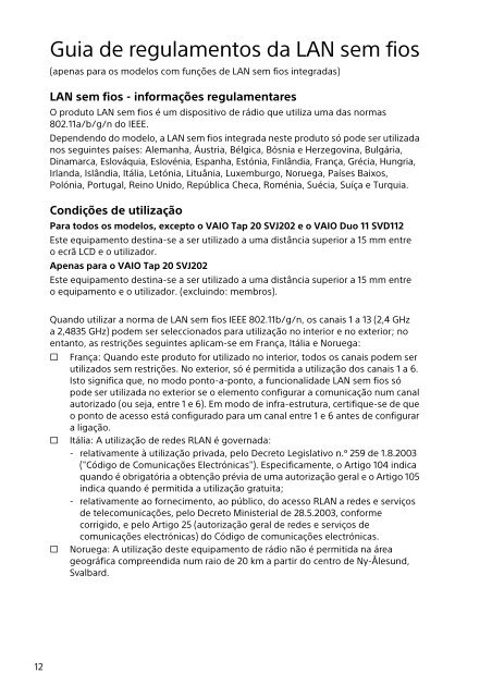 Sony SVE1712T1E - SVE1712T1E Documents de garantie Portugais