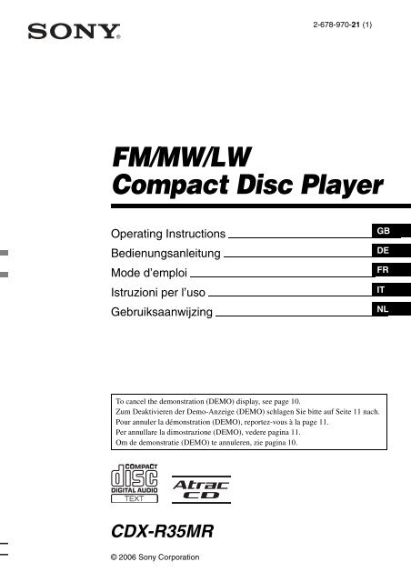 Sony CDX-R35MR - CDX-R35MR Consignes d&rsquo;utilisation Anglais