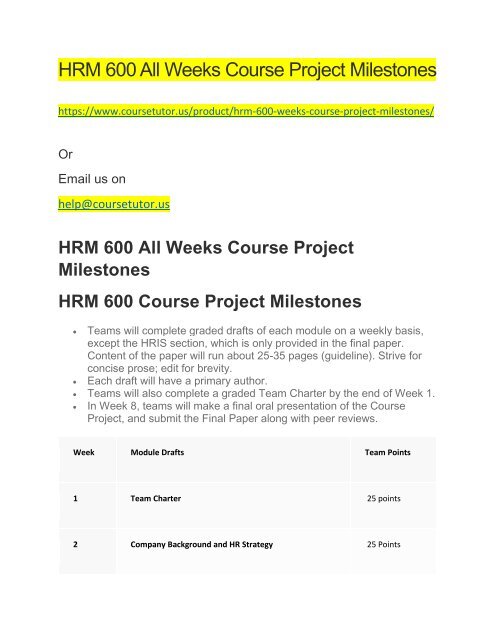 HRM 600 All Weeks Course Project Milestones