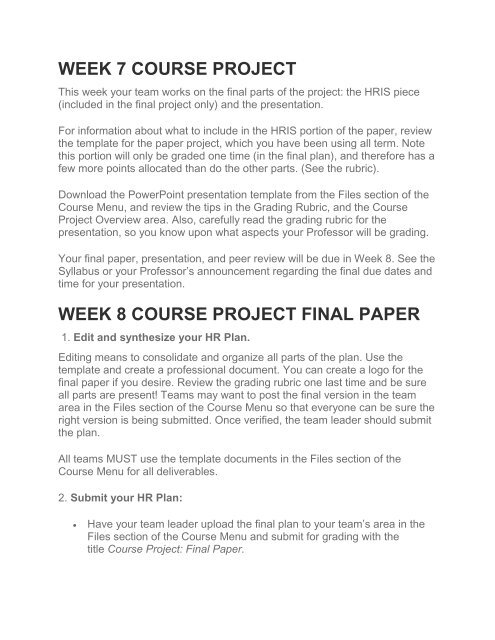 HRM 600 All Weeks Course Project Milestones
