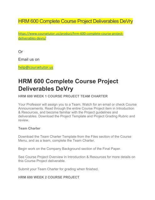 HRM 600 Complete Course Project Deliverables DeVry