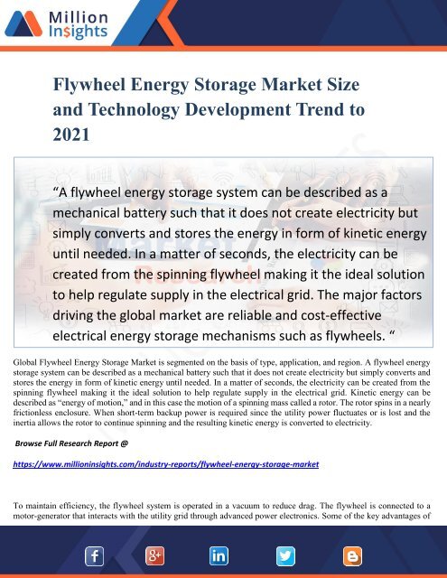 Flywheel Energy Storage Market Size and Technology Development Trend to 2021