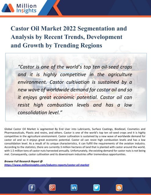 Castor Oil Market Growth Challenges, Key Vendors, Drivers, Technical Analysis and Trends by Forecast to 2022