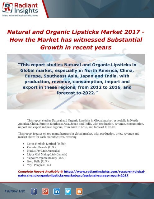 Natural and Organic Lipsticks Market 2017 - How the Market has witnessed Substantial Growth in recent years