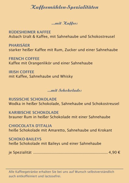 Die Speisekarte vom Café "Die Kaffeemühle" - das gemütliche Café in Bünde