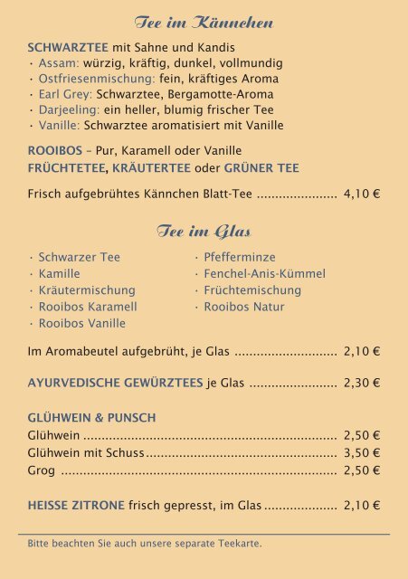 Die Speisekarte vom Café "Die Kaffeemühle" - das gemütliche Café in Bünde