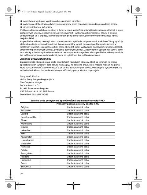 Sony VGN-CS11SR - VGN-CS11SR Documents de garantie Tch&egrave;que