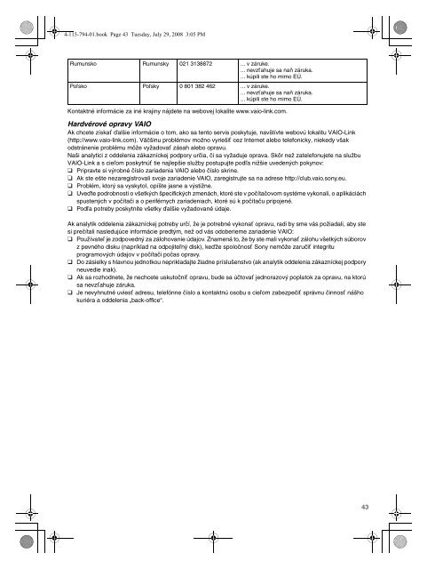 Sony VGN-CS11SR - VGN-CS11SR Documents de garantie Tch&egrave;que