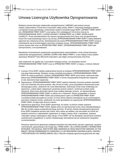 Sony VGN-CS11SR - VGN-CS11SR Documents de garantie Polonais
