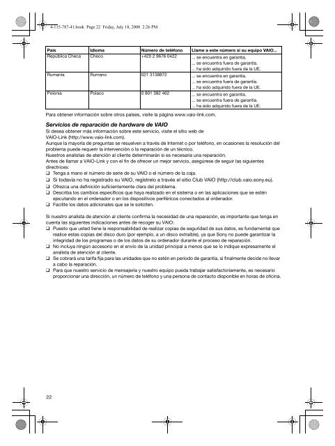 Sony VGN-CS11SR - VGN-CS11SR Documents de garantie Espagnol