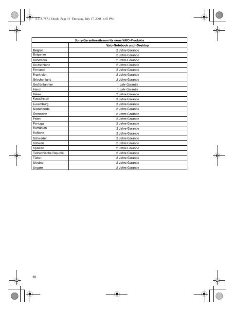 Sony VGN-CS11SR - VGN-CS11SR Documents de garantie Allemand