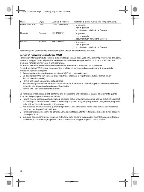 Sony VGN-CS11SR - VGN-CS11SR Documents de garantie Italien