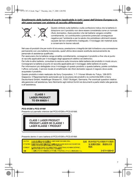 Sony VGN-CS11SR - VGN-CS11SR Documents de garantie Italien